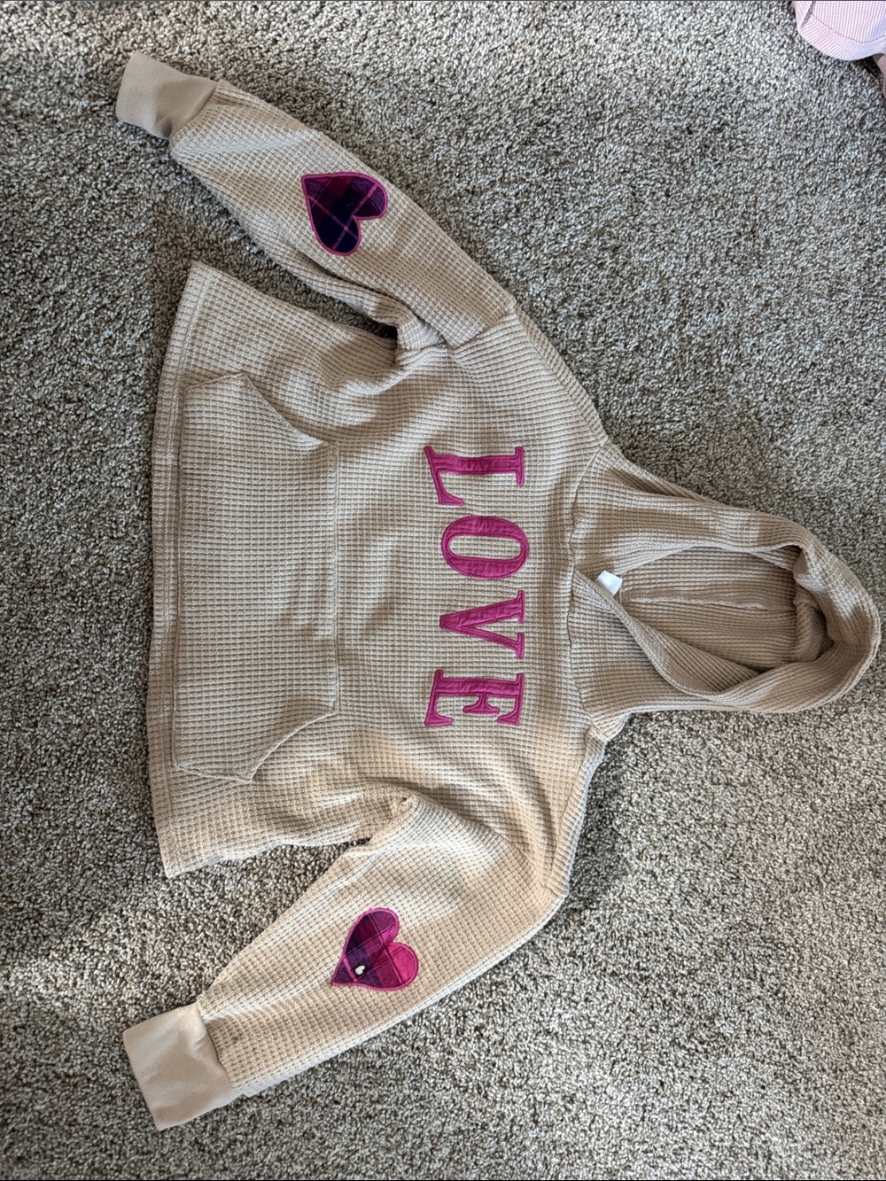 Beige Waffle Knit Hoodie with Pink "LOVE" and Heart Elbow Patches